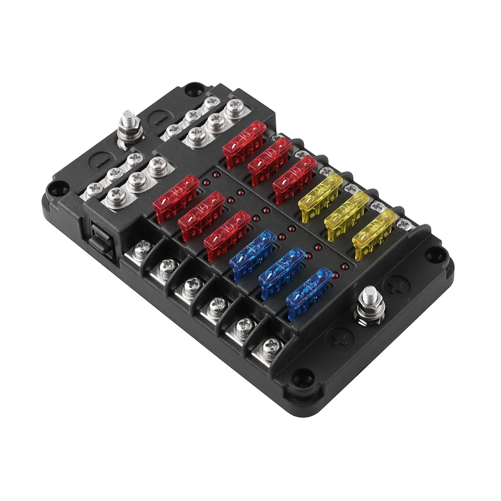 

12V 32V Plastic Cover Fuse Box Holder M5 Stud With LED Indicator Light 12 Ways Blade for Auto Car Boat Marine Trike