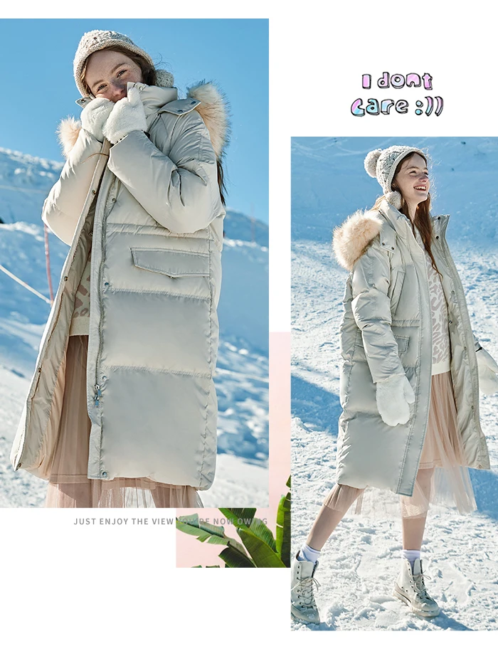 SEMIR, новинка, длинный пуховик, женский, свободный, с капюшоном, с меховым воротником, на талии, для молодых девушек, зимнее пальто, теплое