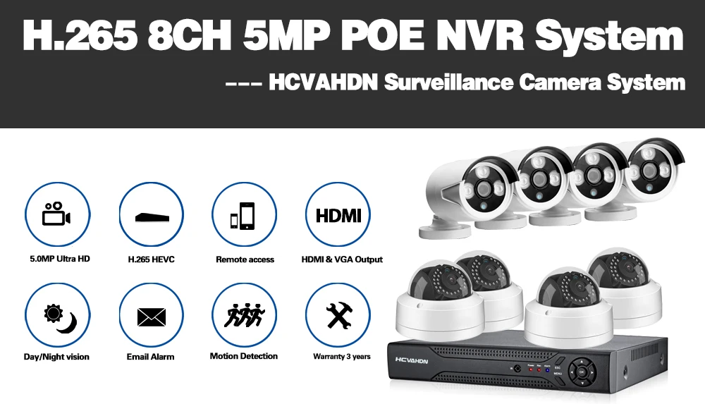 HCVAHDN 8CH 5MP POE NVR Xmeye CCTV система 4.0MP Крытый Открытый PoE IP камера IR ночного видения комплекты видеонаблюдения