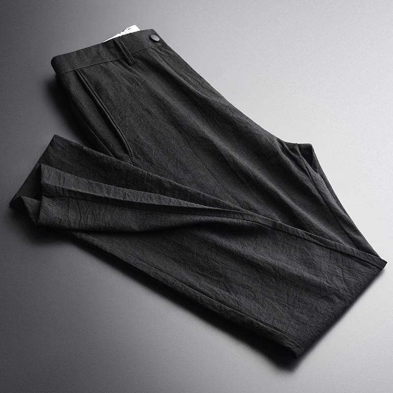 

Black Luxury Crinkle Fabric Summer Thin Mens Trousers Plus Size 4xl Hight Quality Ventilate Slim Fit Man Pants
