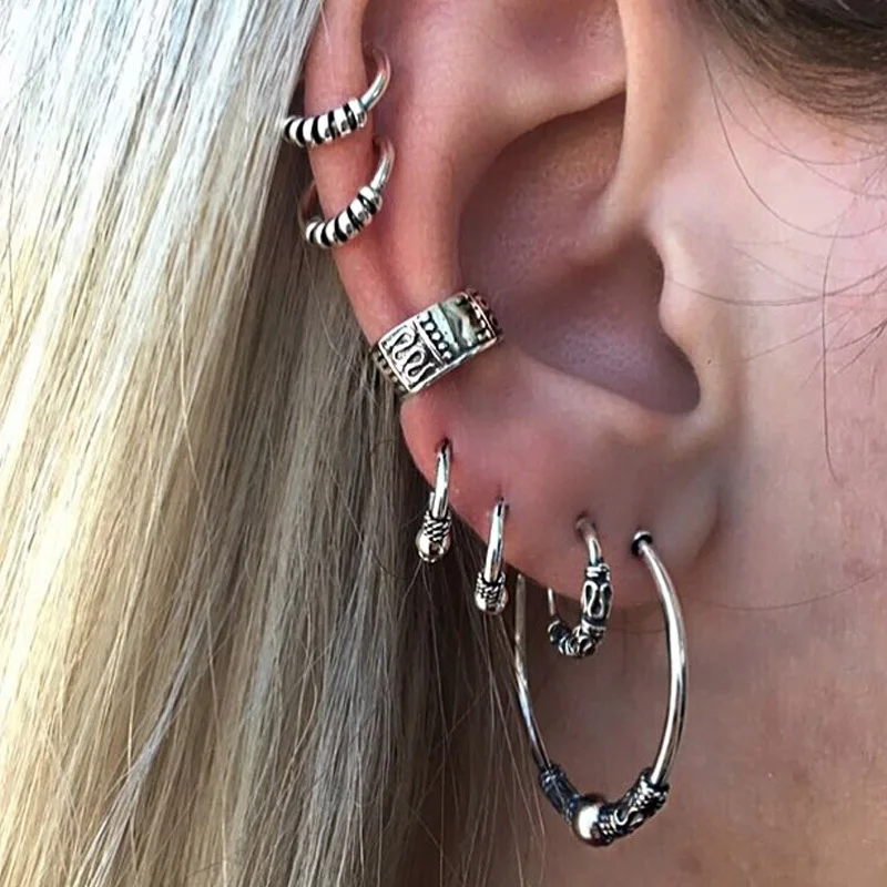 7pcs/set Popular European Vintage Metal Color Endless Earrings Circle Handmade Middle Hoop Earring Bali Wrap For Women Jewelry | Украшения