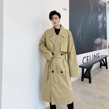 

Male Streetwear Vintage Fashion Long Jacket Windbreaker Outerwear Trenchcoat Men Double Breasted Loose Casual Trench Coat
