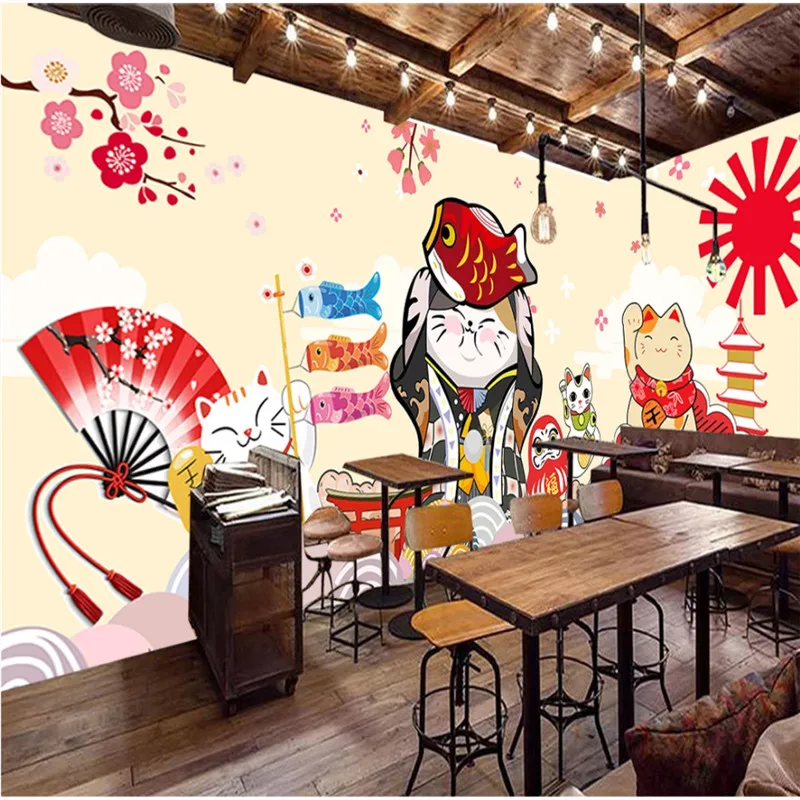 Пользовательские счастливые кошки японская кухня суши Ресторан промышленная декоративная роспись стен 3D обои с рисунком из мультфильма 3D