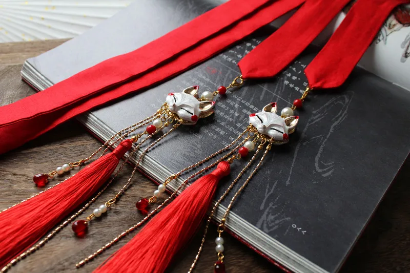 fox beaded tassel red Headband Ancient Chinese hair accessories hanfu kimono ribbon for COSPLAY SIZE:3*156CM