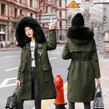

2019 Winter Jacket Women with Fur hood Fashion Women's Faux Rabbit Fur Lining Hooded Long Coat Parkas Outwear Large Fur Collar