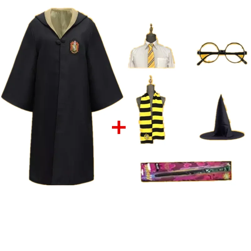 Плащ-накидка, шарф с галстуком-шарфом, палочка, очки Ravenclaw Gryffindor Hufflepuff, костюм Слизерин для взрослых, детский маскарадный костюм - Цвет: Hufflepuff