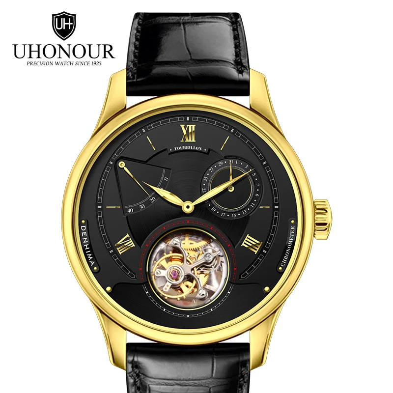 Switzerland Real Tourbillon оригинальные механические часы полые мужские часы большой циферблат пояс из крокодиловой кожи часы Мужские сапфировое зеркало - Цвет: Черный
