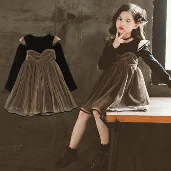 

2020 New Girls Autumn Long Sleeve Dress Mesh Cute Outfits Kids Patchwork Princess Dress Elegant Children Clothing