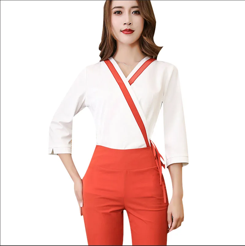 2pcs /Set Slim Fit Overalls Beautician Beauty Salon Work Clothing Health Museum SPA Technician Womens Elegant Quality Suit - Цвет: White