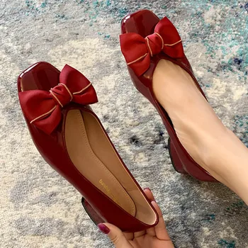 

Loafers Bow-knot Japanned Leather Loafers Women Large Size Ballerina Flats Women Chunky Heels Square Toe Moccasins Women