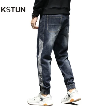 

KSTUN Relaxed Tapered Jeans Men Side Patched Letters Design Dark Blue Loose Fit Elastic Waist Drawstring Casual Pants Plus Size