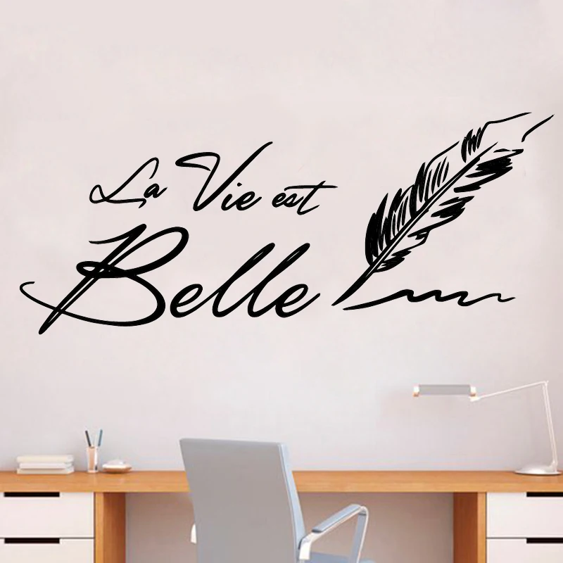 

Feather Wall Sticker French Quote Vinyl Removable Wallpaper For Bedroom decoration Wall Decal Phrase French Stickers Decor RU481