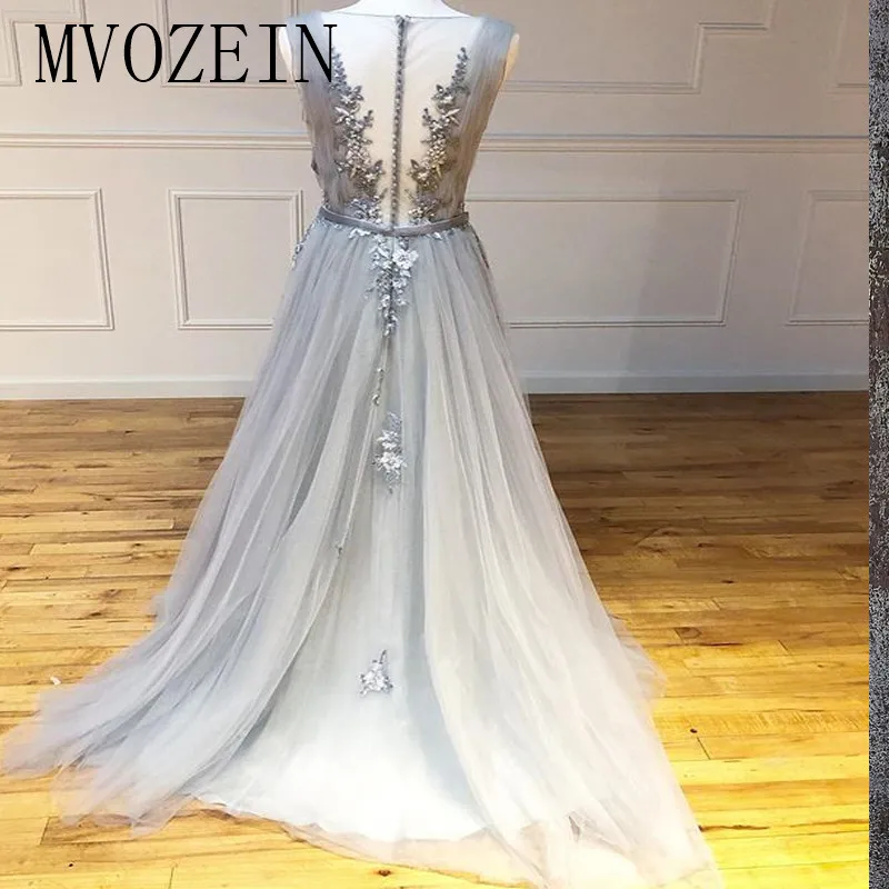 

Очаровательные серебряные вечерние платья а-силуэта с V-образным вырезом, кружевное длинное вечернее платье с аппликацией и бисером, бально...