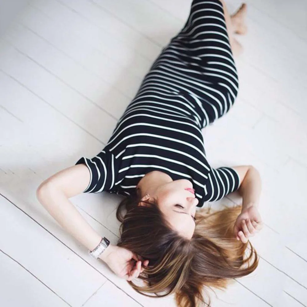 

18921 European And American-Style Autumn Hot Selling Navy Striped Loose-Fit Long Dress Fashion Sexy Women's Clothing