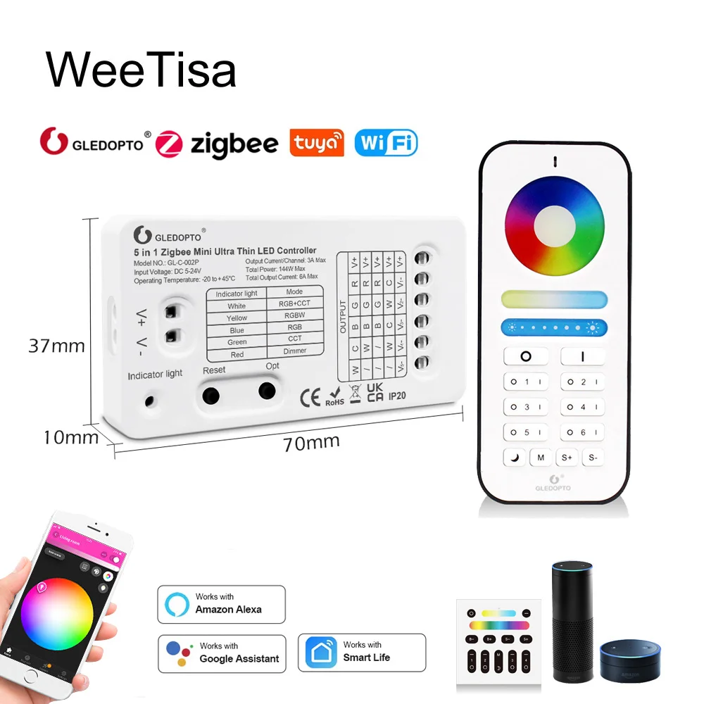 battery powered zigbee wifi wireless 4 channel cct dimming remote control WIFI LED Controller 12V 24V Gledopto Mini Zigbee RGB CCT RGBCCT LED Strip Controller 2.4G RF Remote Smart Life APP Voice Control