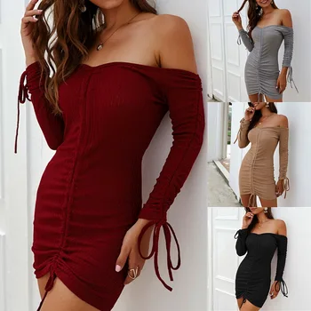 

DHL 100pcs Women Sexy Off Shoulder Long Sleeve Slim Elastic Bodycon Party Dresses