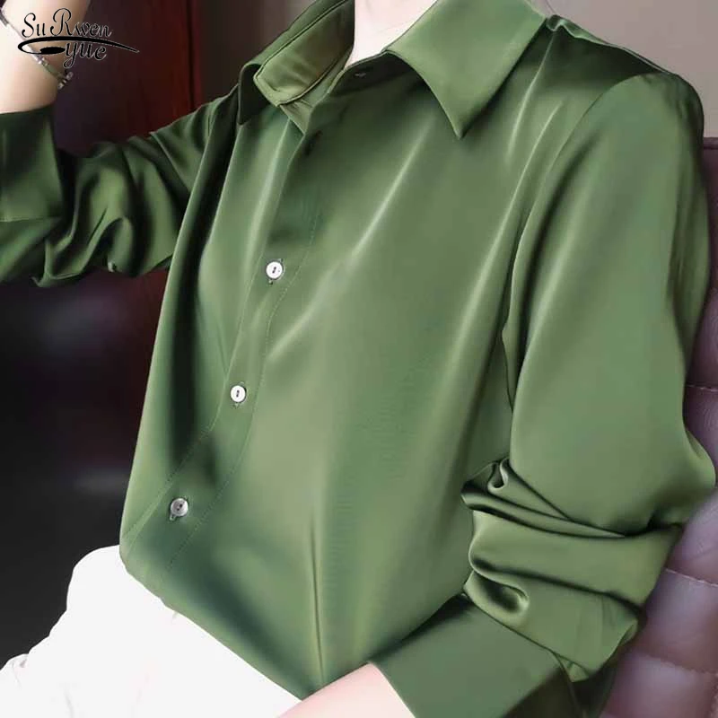 Blusa de seda satinada coreana mujer, camisa manga holgada con botones, color verde aguacate, 12610|Blusas camisas| - AliExpress