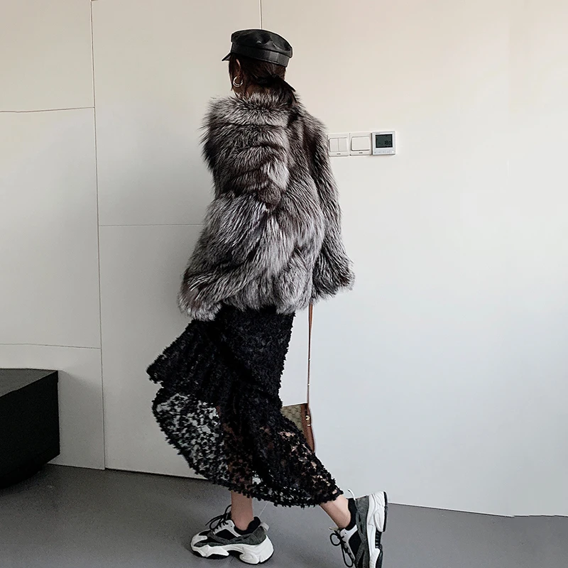 Ftangaiur Winter Import Sliver Fox Fur Coat New Women's O-Neck Solid Weave Loss Fox Coats Medium Natural Real Fox Fur Coats