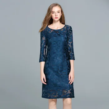 

Women 2020 New Style Spring Temperament Vintage Lace Dress Casual O Neck Three Quarter Sleeve Knee Length Midi Dress Plus Size