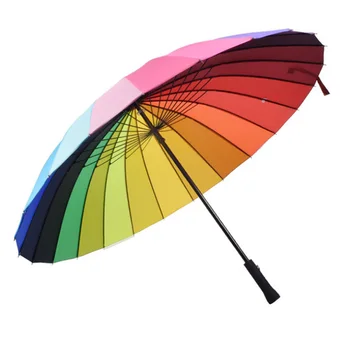 

24K Rib Color Rainbow Fashion Long Handle Straight Anti-Uv Sun/Rain Stick Umbrella Manual Big Parasol