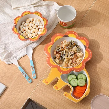 

Children Tableware Set Bamboo Fiber Easy To Clean Creative Cute Cartoon Cutlery Baby Feeding Food Bowl Set Tray Cup Fork Spoon