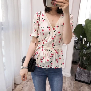 

Holiday style romantic cherry print women shirt V-neck short-sleeved shirt lace up slim lady chiffon shirt top