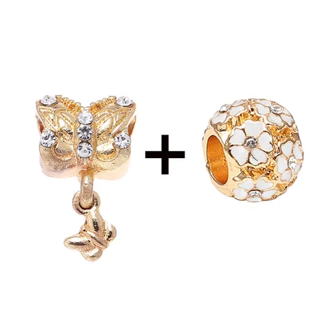 New Style Pink Glamour Flowers Daisy & Crystal Butterfly Charms Beads Fit Brand Bracelets DIY Jewelry Gift For Women