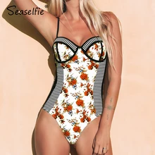 SEASELFIE сексуальный цветочный и полосатый пуш-ап цельный купальник для женщин с вырезом сзади Монокини пляжный купальный костюм купальник