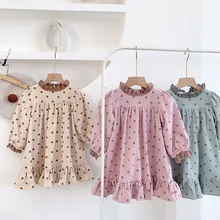 Осень-зима, плотные платья в горошек с воротником и длинными рукавами для маленьких девочек от 1 до 6 лет, платье из чистого хлопка свободное