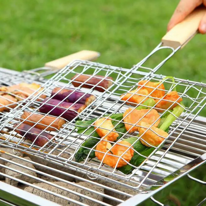 

Barbecue Meshes Camping Grill Rack BBQ Clip Folder Grill Roast Folder Basket Tool Meat Fish Vegetable BBQ Tool Wooden Handle