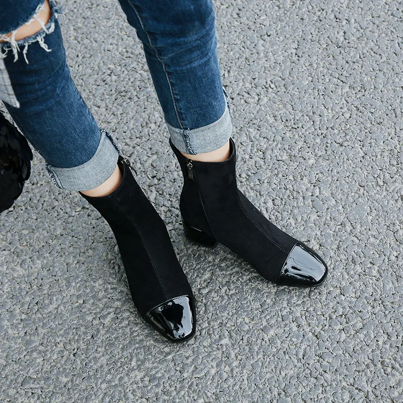 

YQBTDL 2020 New Design Nubuck Flock Ankle Boots for Women Square Toe Chunky Heels Shoes Black Beige Dress Office Shoes Winter