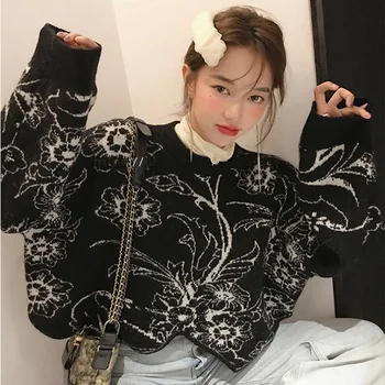 

Lazy Casual Pullovers Women Sweater Winter 2020 Floral Korean Style Short Knitwear Fashion Jumper Coffee Knitted Sweaters