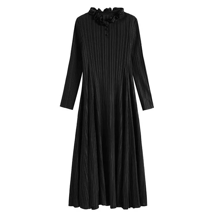 FREE SHIPPING Miyake fold Vintage Lace Collar Long Sleeve Dress with long sleeve A-Line dress IN STOCK