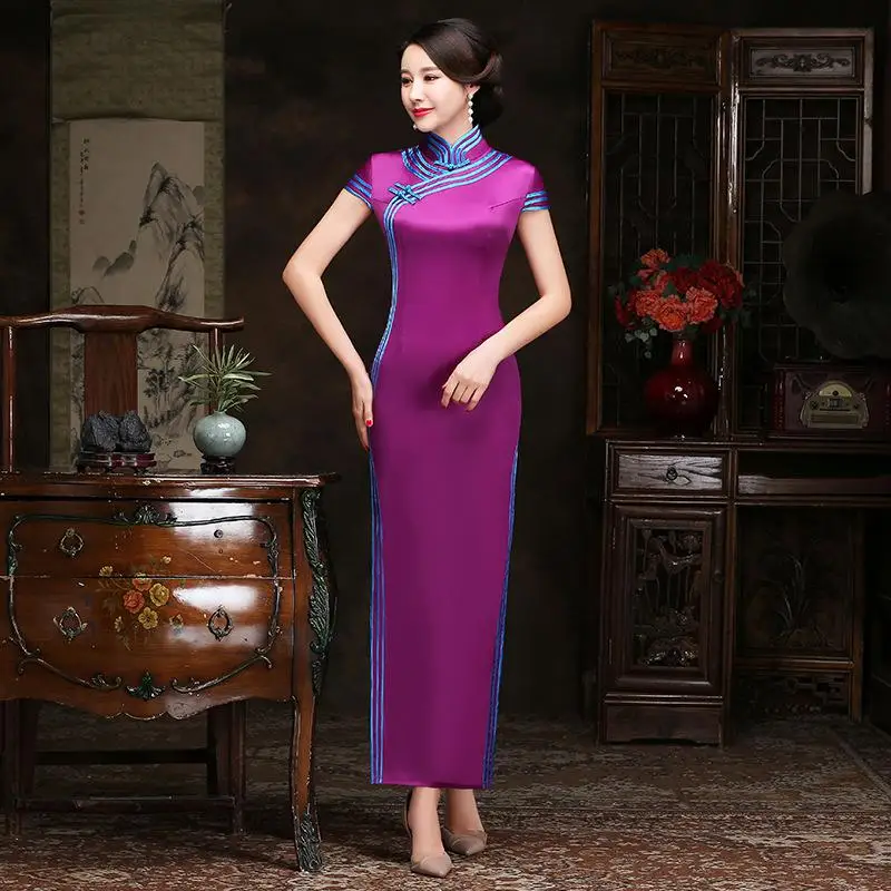 Purple Womens Short Sleeve Cheongsam Solid Long Party Dress Chinese Style Wedding Elegant Prom Qipao Gown Retro Vestido S-5XL - Цвет: Фиолетовый
