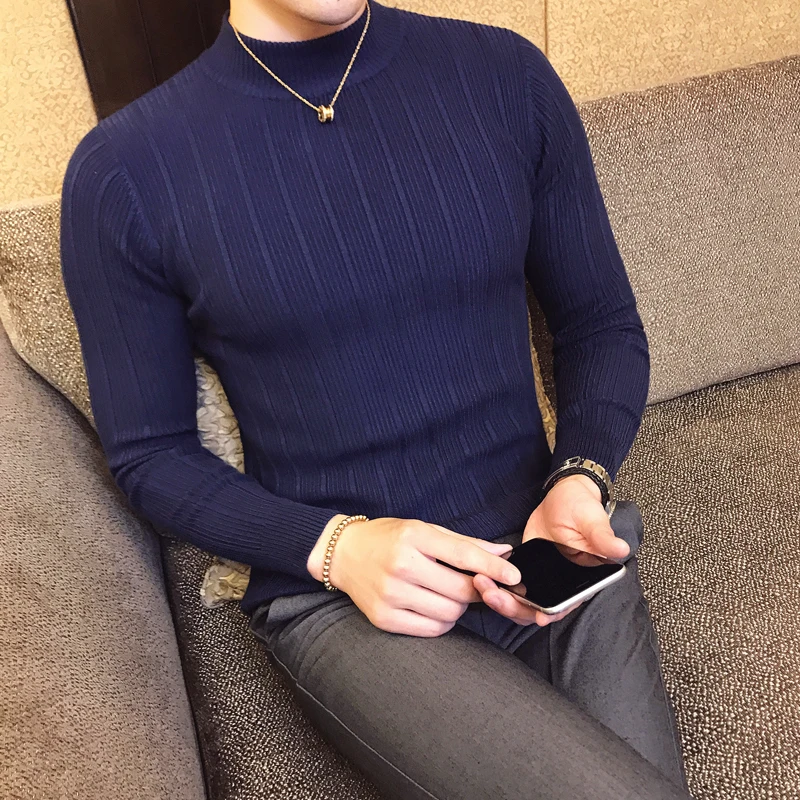 2019 Autumn and Winter Mens Fashion Striped Boutique Wool Blend Casual Round Neck Knitted Sweaters
