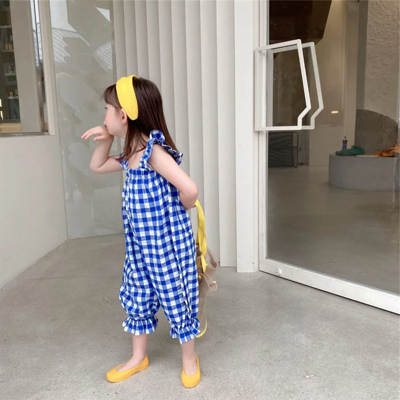 Girls' Plaid Jumpsuit 2022 Summer New Girls' Overalls Korean Version Of The Cropped Pants Baby Flower Bud Pants Casual Romper Baby Bodysuits classic