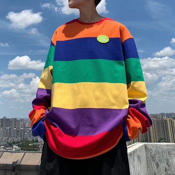 

2019 Spring And Autumn New Rainbow Striped Sweatshirt Men's Port Wind Ins Net Red Loose Round Neck Couple Jacket M-XL
