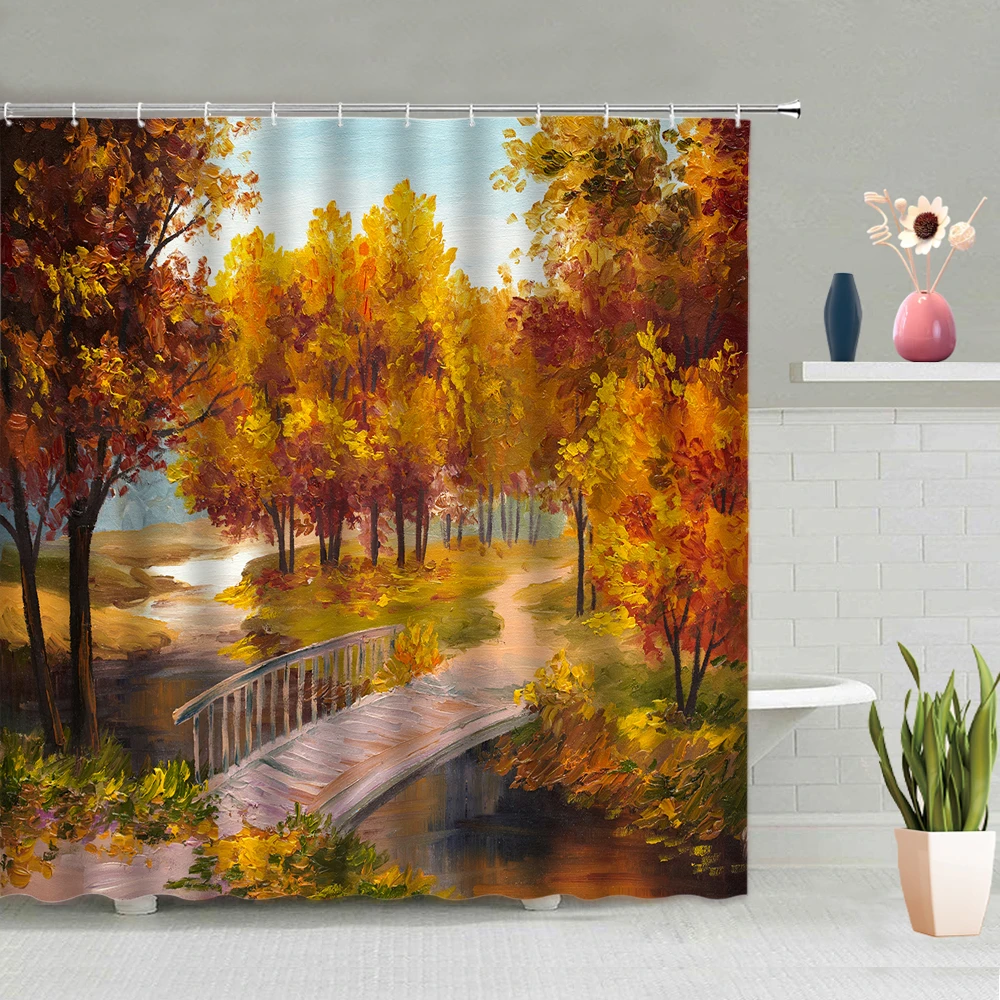 Landscape Nature Scene Shower Curtain, Autumn Trees And Leaves In Foggy