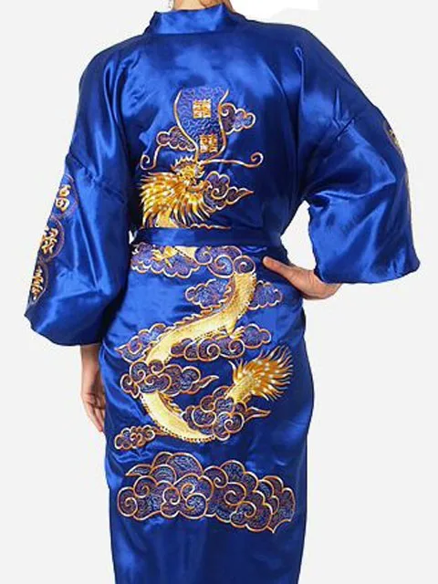 Темно-синий китайский Мужской Атласный шелковый халат кимоно с вышивкой банное платье Дракон Размер S M L XL XXL XXXL S0008 - Цвет: blue