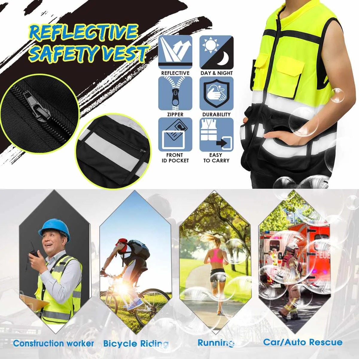

Safurance S/M/L High Visibility Hi-Vis Safety Vest Reflective Driving Jacket Night Security Waistcoat With Pockets For Work Run