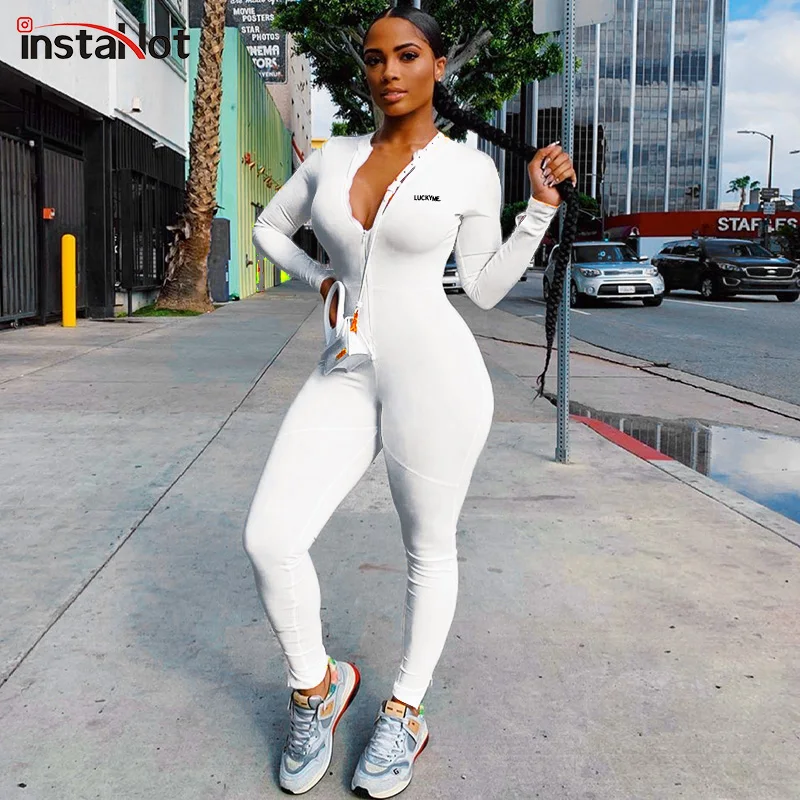 

InstaHot letter print zipper up jumpsuit women long sleeve skinny fitness rompers streetwear summer casual bodysuit 2020 workout