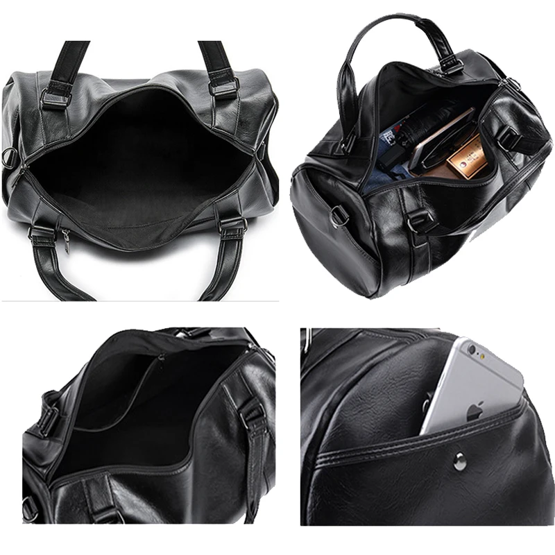 New Men Travel Duffle Bag PU Leather Men's Travel Bags Black Shoulder Handbag Round Bucket Shape Messenger Bag Tote
