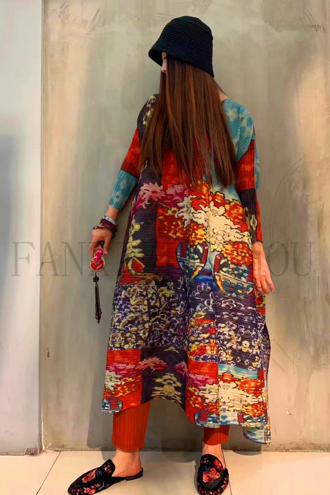 Новинка Miyake Плиссированное женское платье в стиле ретро с принтом большого размера плиссированное платье