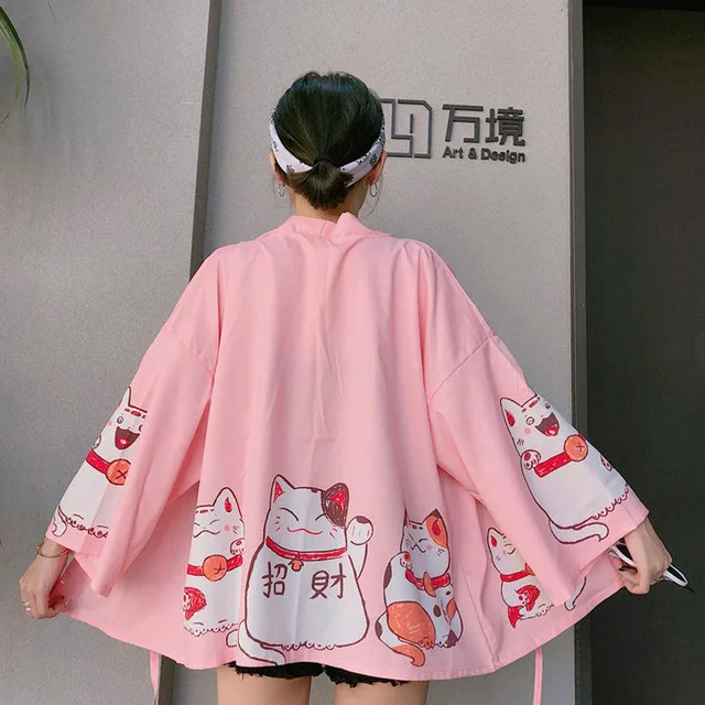 Женская блузка с японским Kimonos кардиган принтом кошки в стиле Харадзюку