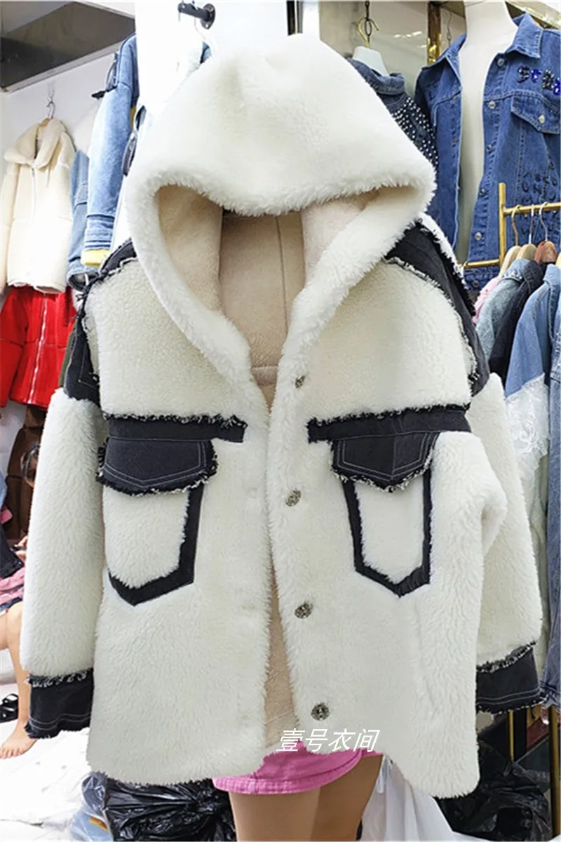 Новое зимнее теплое пальто из искусственного меха, женские свободные джинсовые стеганые толстые парки, куртка, Женское пальто из овечьей шерсти, пальто с хлопковой подкладкой