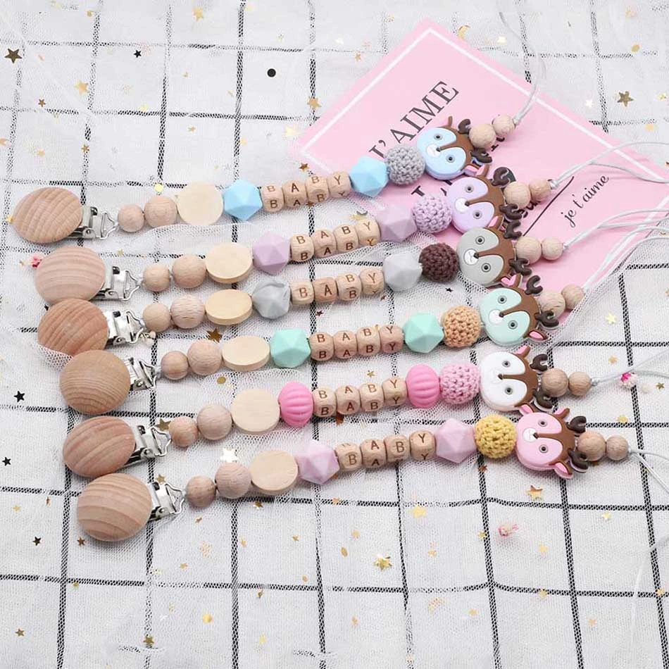Personalize Name Baby Pacifier Clips Deer Head Soother Chain Infant Dummy Clips Baby Silicone Pacifier Holder Chain BPA Free