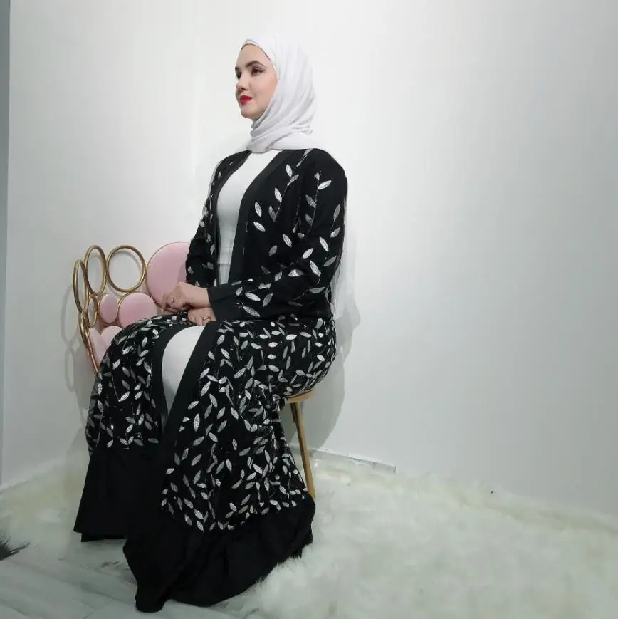 black abaya Размера плюс, Дубай, модный мусульманский женский длинный кардиган, расшитый блестками и бисером, абайя, исламский халат wq2128 - Цвет: black abaya