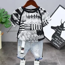 Новые летние комплекты одежды для мальчиков Одежда для детей дышащая футболка с короткими рукавами и вырезами для мальчиков+ джинсовые шорты костюм из 2 предметов для детей 2-6 лет