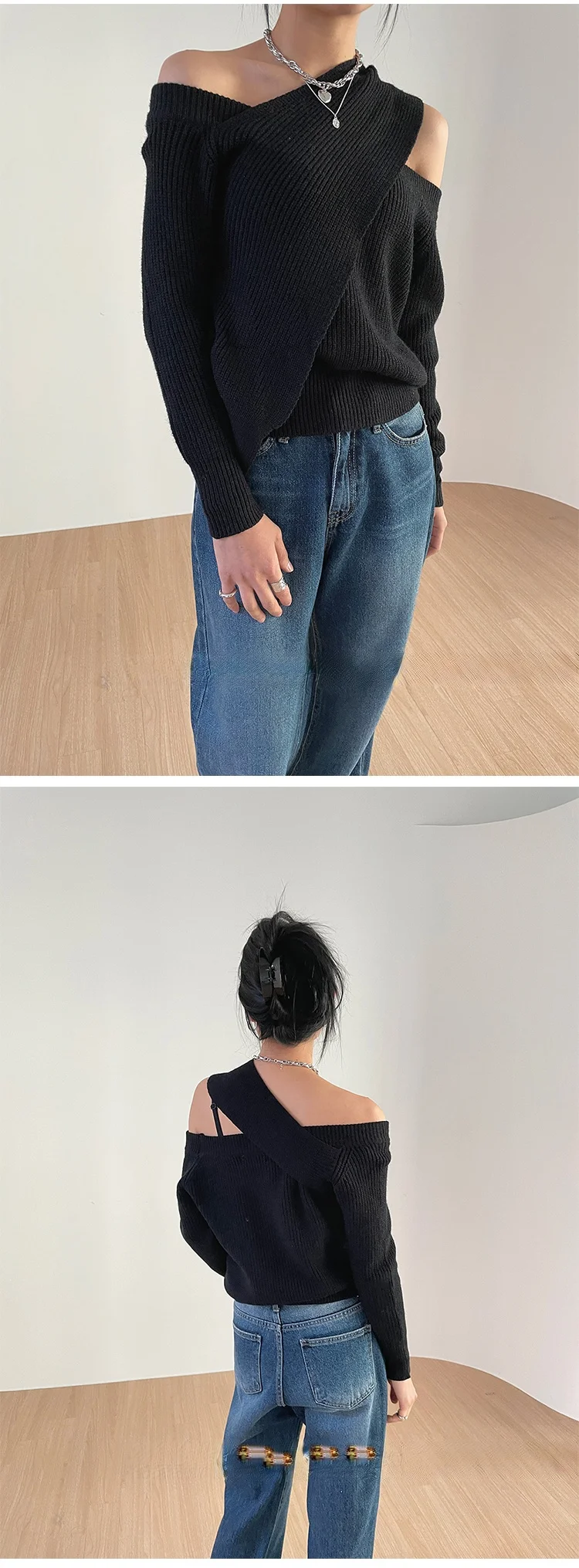Karrram Winter Spring Women Sweater Knitted Cutout Sexy Off Shoulder Cross Korean Style Jumper Warm Lady Tops Irregular Pullover