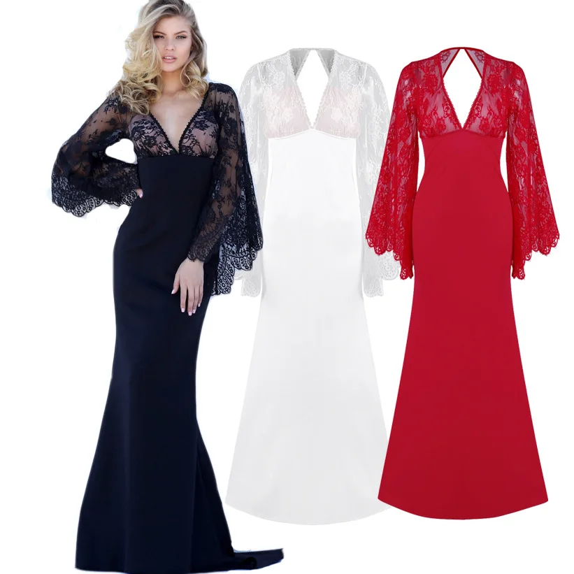 Autumn AliExpress Amazon wishebay High Quality Evening Gown Lace Bat Sleeve Deep V Dress